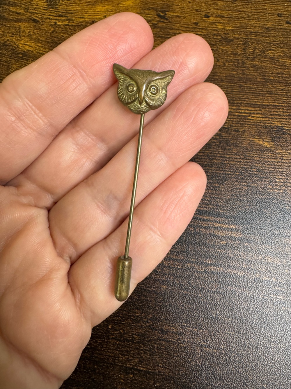Vintage Gold-Tone Brass Owl Stick Pin Hat Pin Antiqued Wise Whimsy Fairycore